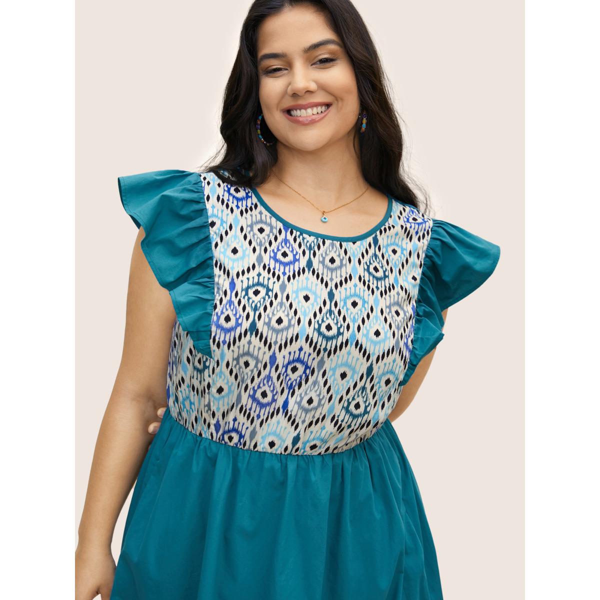 Plus Size Geometric Print Patchwork Cap Sleeve Dress Aegean Women Resort Round Neck Cap Sleeve Curvy BloomChic 10/M Product Image