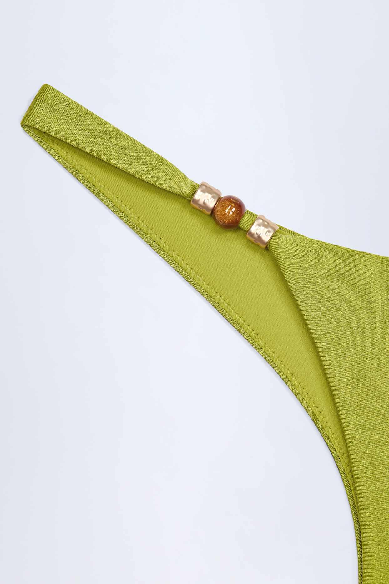 Bead-Embellished Cheeky Bikini Bottoms in Olive Green Product Image