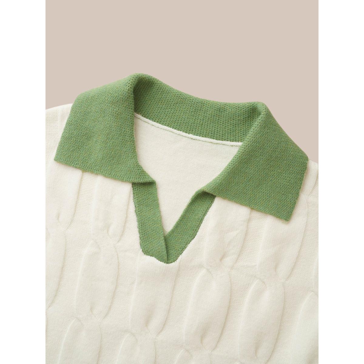 Plus Size Supersoft Essentials Contrast Polo Neck Cable Knit Pullover Beige Women Leisure Loose Long Sleeve Polo Casual Pullovers BloomChic 12/L Product Image