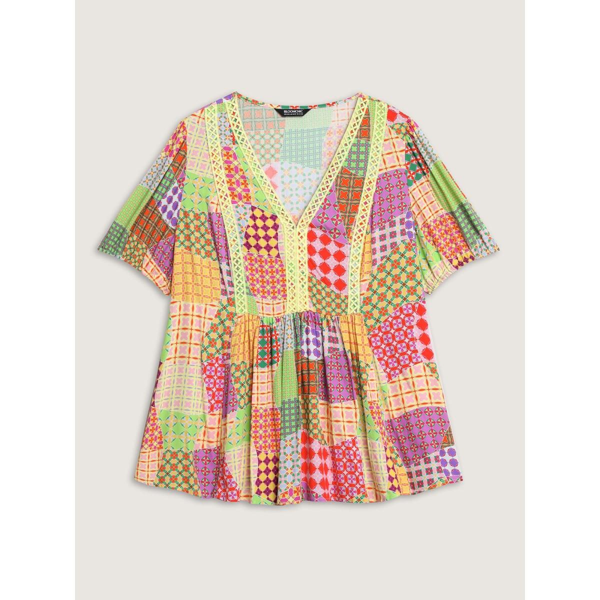Plus Size Multicolor Vibrant Collage Print Babydoll Top Women Playful Short sleeve Deep V-neck Vacation Blouses BloomChic 26/4X Product Image