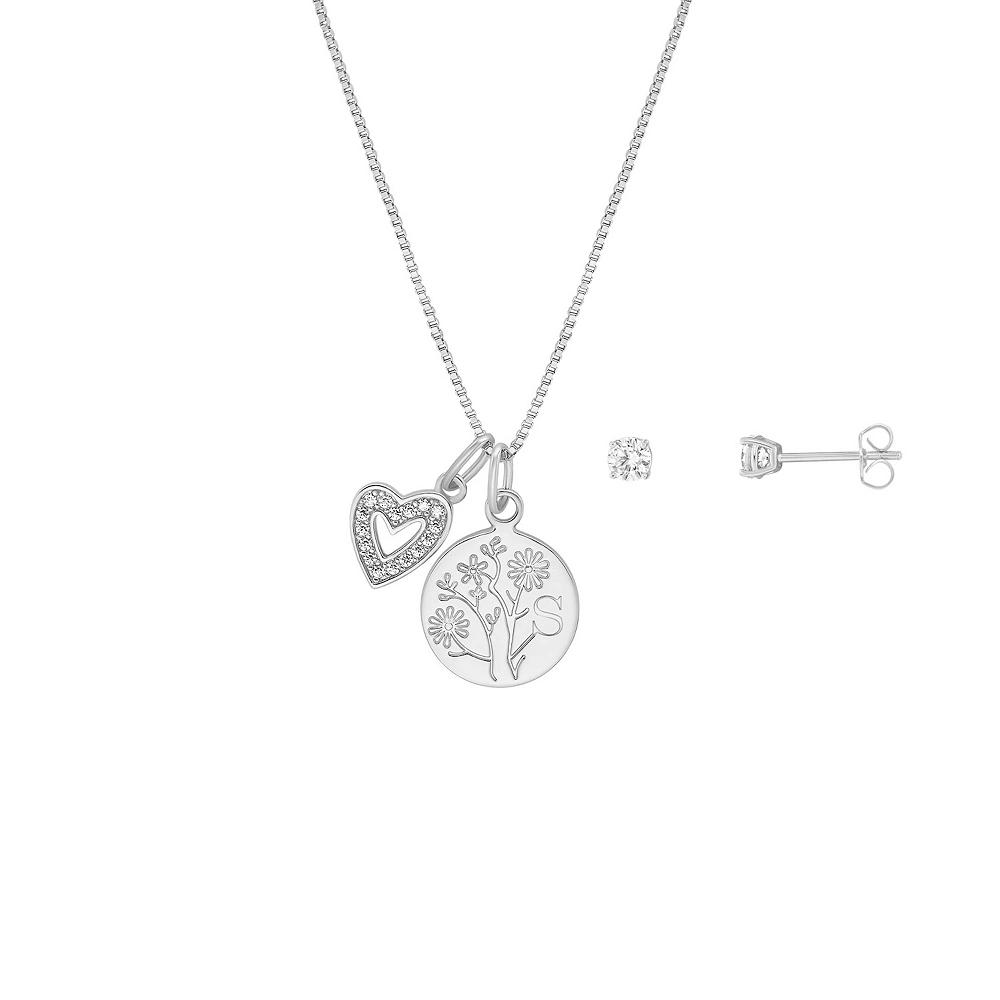Brilliance Flash Plated Cubic Zirconia Stud Earrings and Initial Pendant Necklace Set, Women's, Size: 18", Silver Tone A Product Image