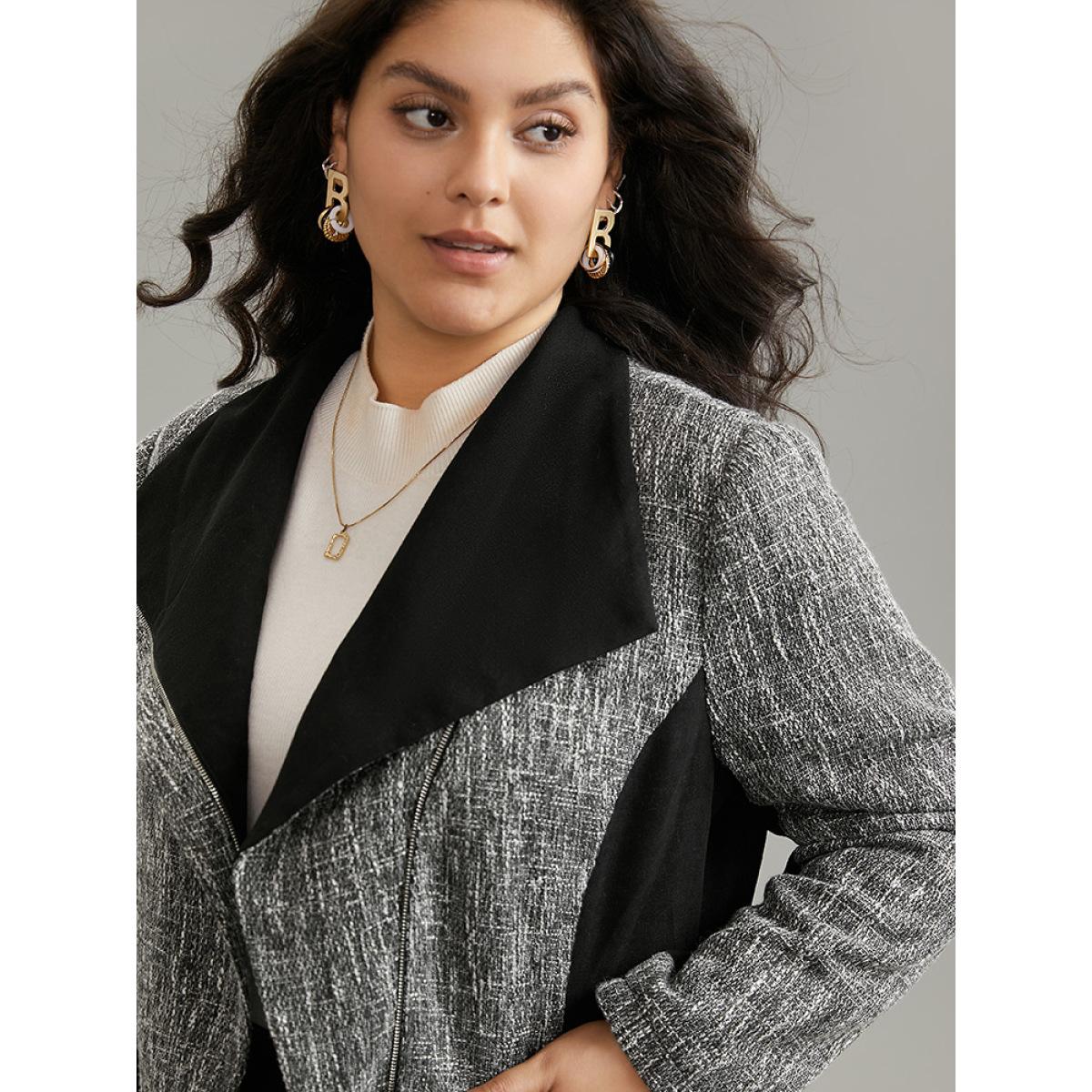 Plus Size Contrast Patchwork Zipper Lapel Collar Tweed Coat Women DimGray Casual Lined Ladies Dailywear Winter Coats BloomChic 30/6X Product Image