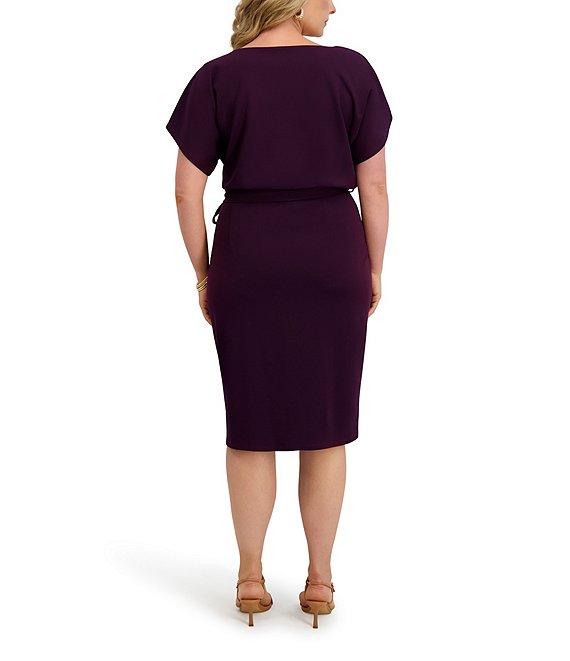 Kensie Plus Size Crepe Scuba Short Sleeve Bow Detail Knee Length Dress Product Image