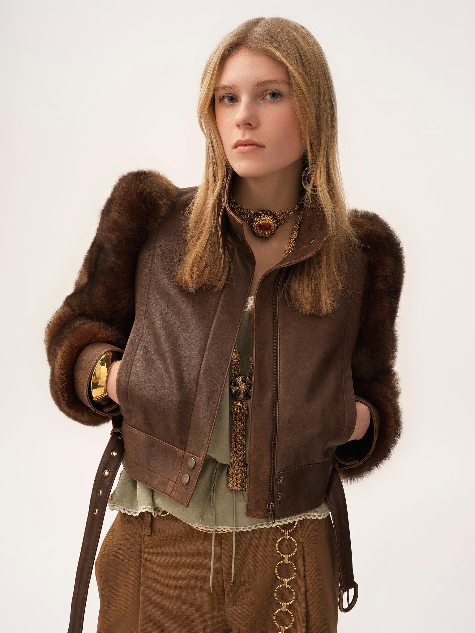High-neck short jacket in leather Product Image