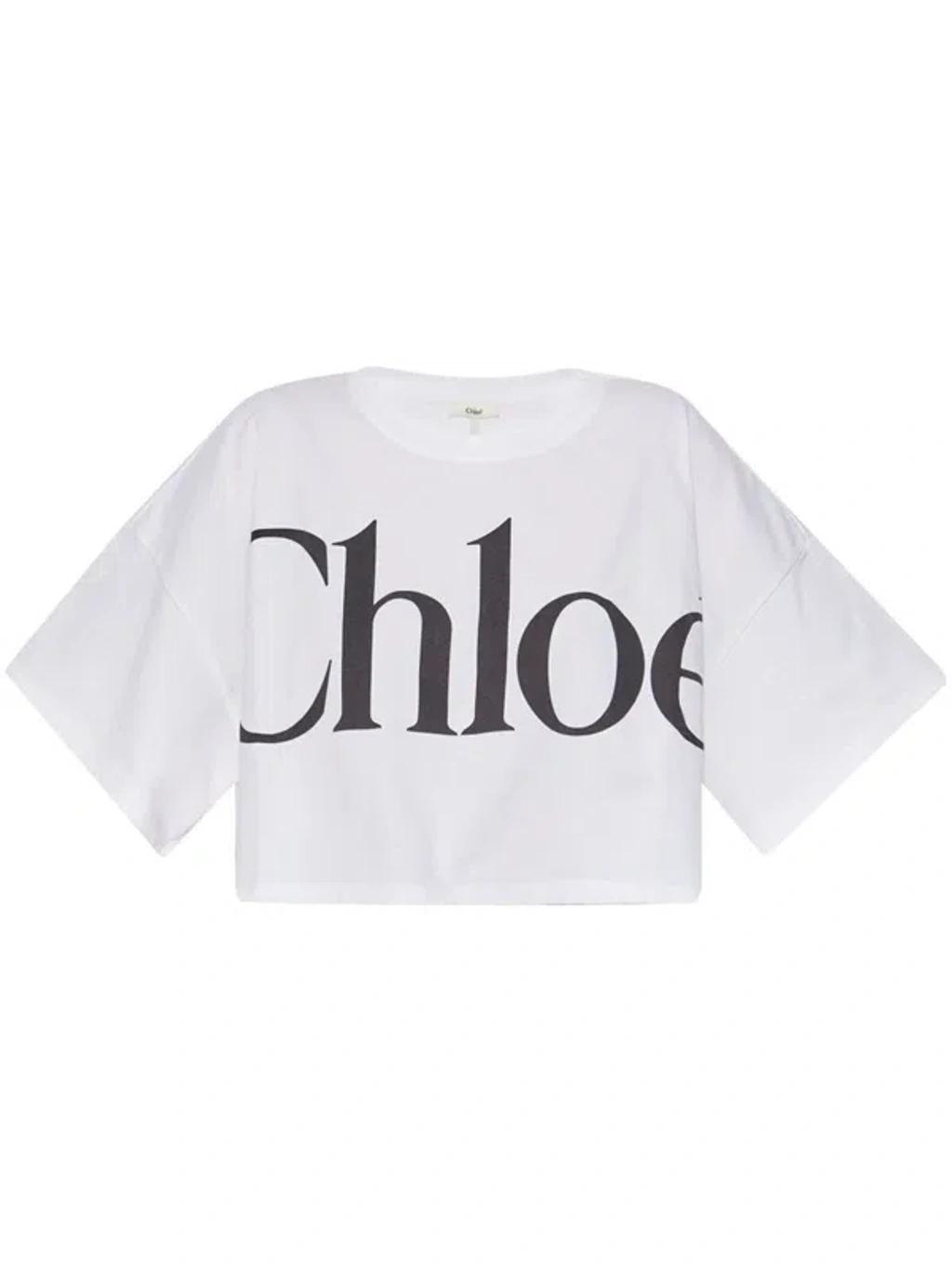 CHLOÉ White Cropped Crewneck T-shirt With Maxi Logo Print On The Front In Cotton Woman In Multicolor Product Image