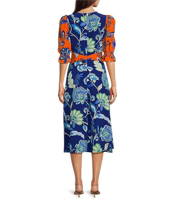 tyler boe Juliette Silk Mixed Floral Round Keyhole Neck Elbow Sleeve Midi Dress Product Image