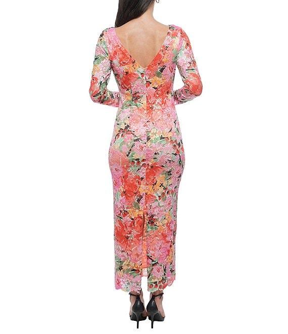 Marina Floral Lace Crew Neck Long Sleeve Mesh Embrodiery Maxi Sheath Dress Product Image