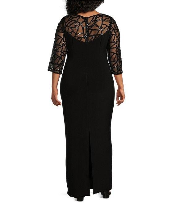 Le Bos Plus Size Stretch Sequin Lace Mesh Crew Neck 3/4 Illusion Sleeve Back Slit Column Dress Product Image