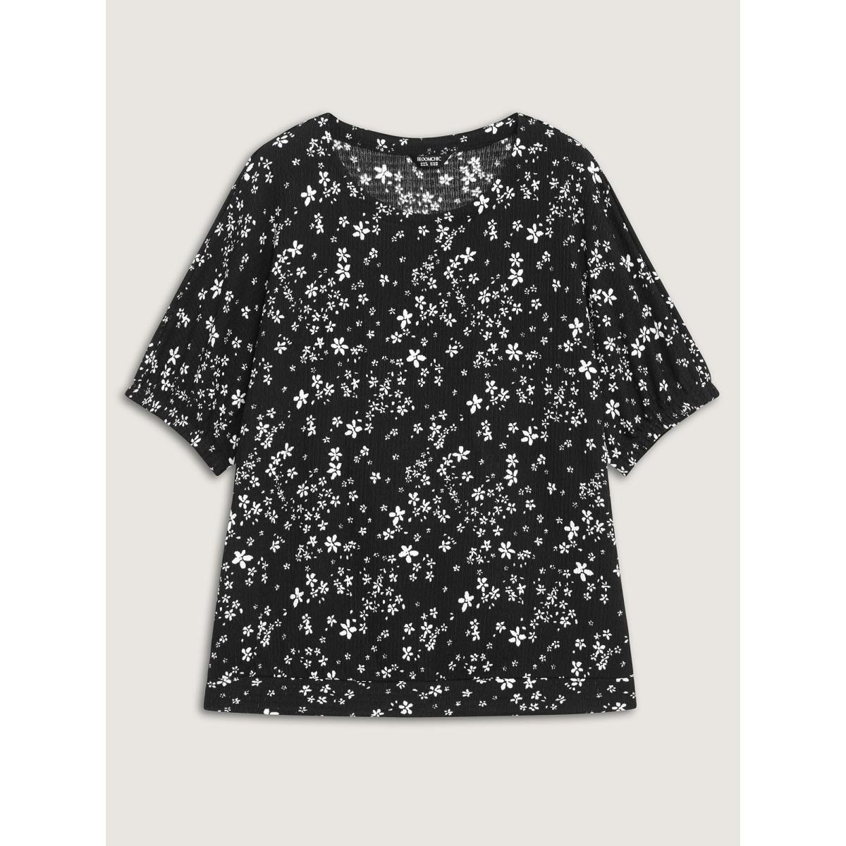 Plus Size Black Floral Print Textured Puffy Sleeve Blouse Women Timeless Half Sleeve Round Neck Elegant Blouses BloomChic 22-24/3X Product Image