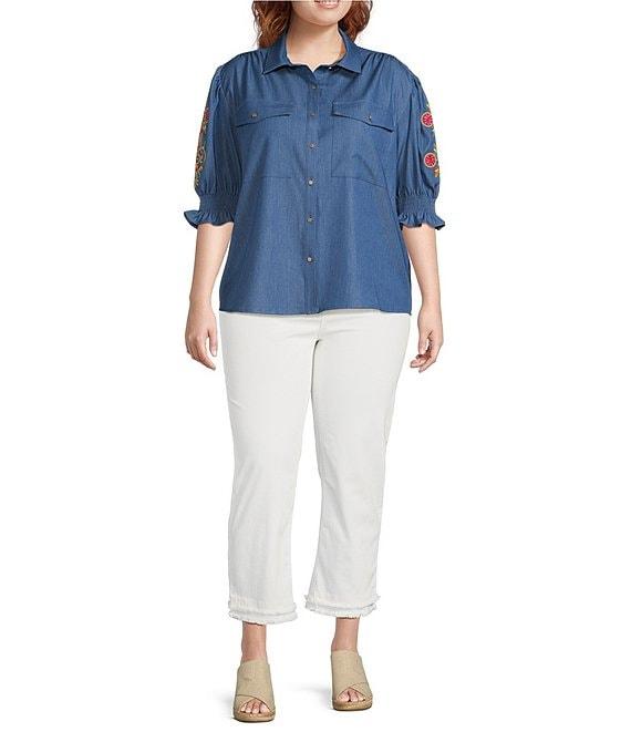 Calessa Plus Size Embroidered 3/4 Sleeve Point Collar Button Front Shirt Product Image