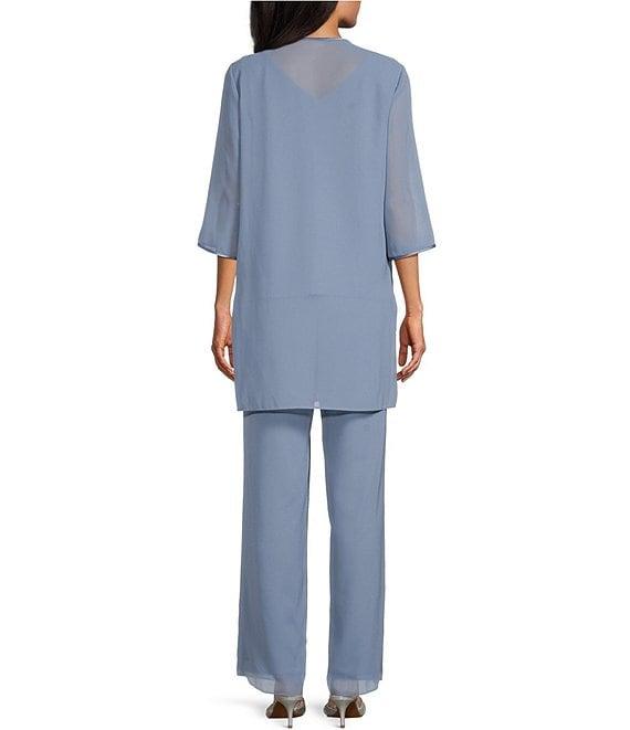 Le Bos Pebble Georgette Satin Trim Tiered Beaded Crew Neck 3/4 Sleeve 3-Piece Pant Set Product Image