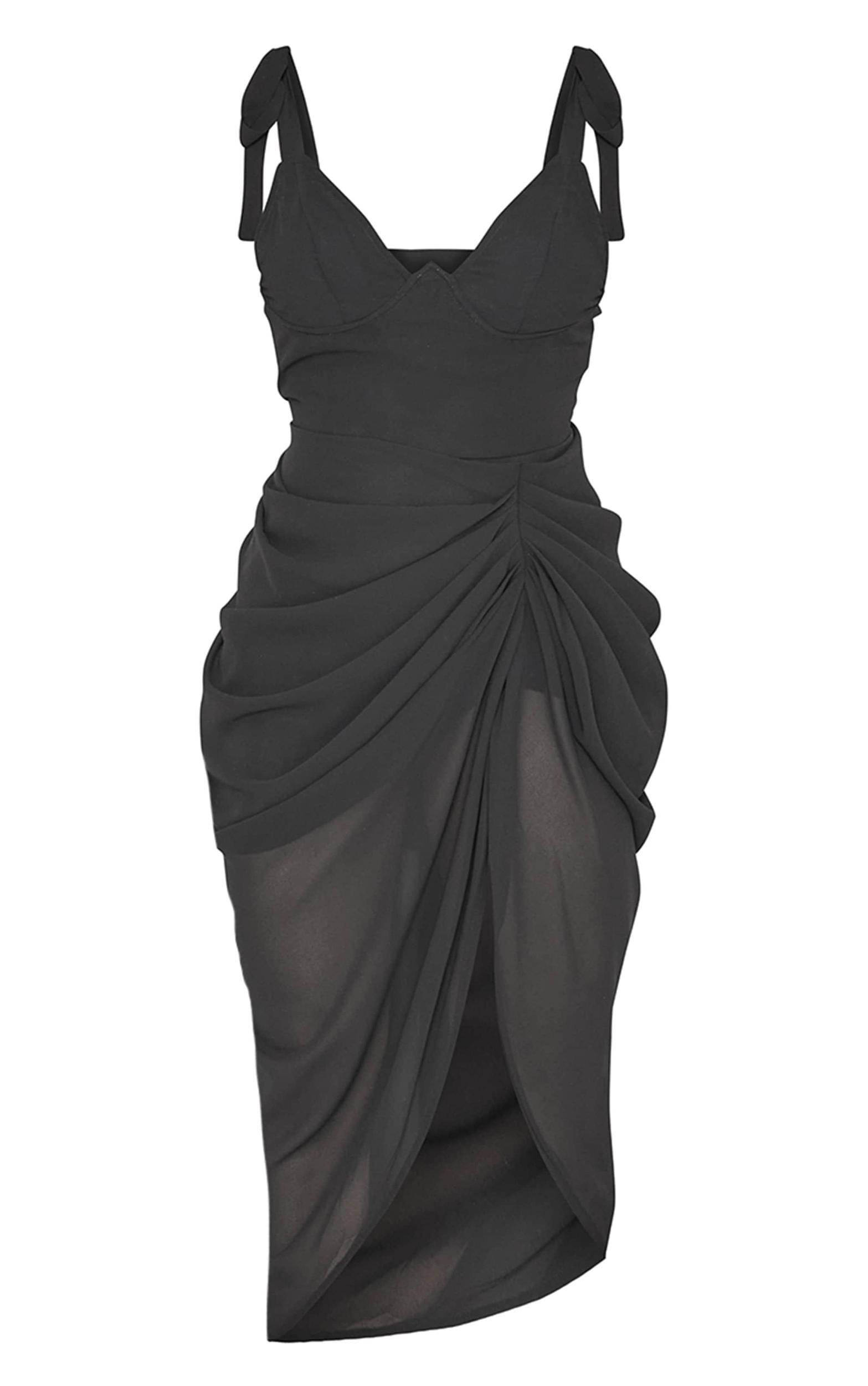 Black Underwire Detail Draped Midi Dress Product Image
