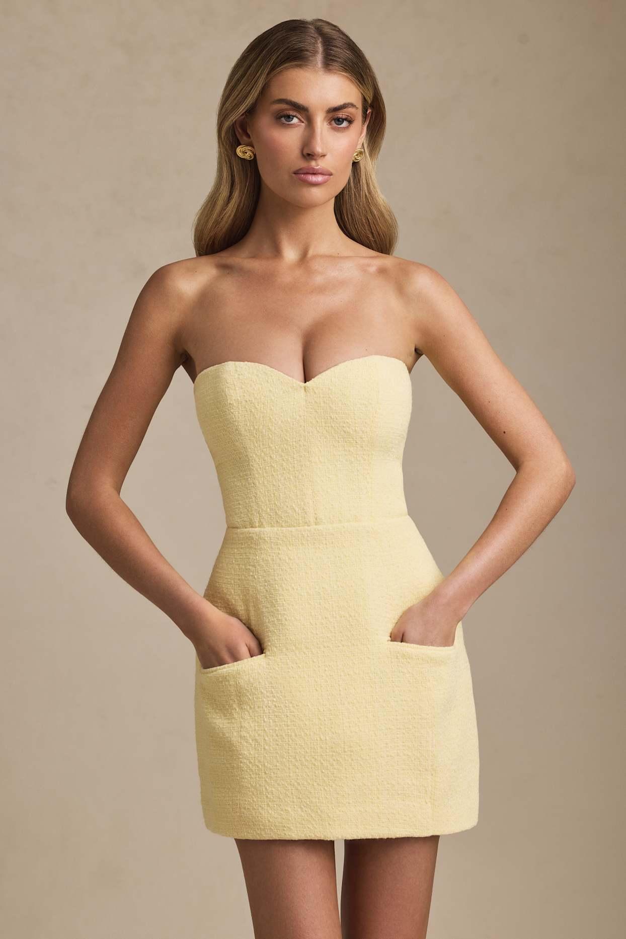 Sweetheart-Neck Strapless Structured Mini Dress in Pastel Yellow Product Image