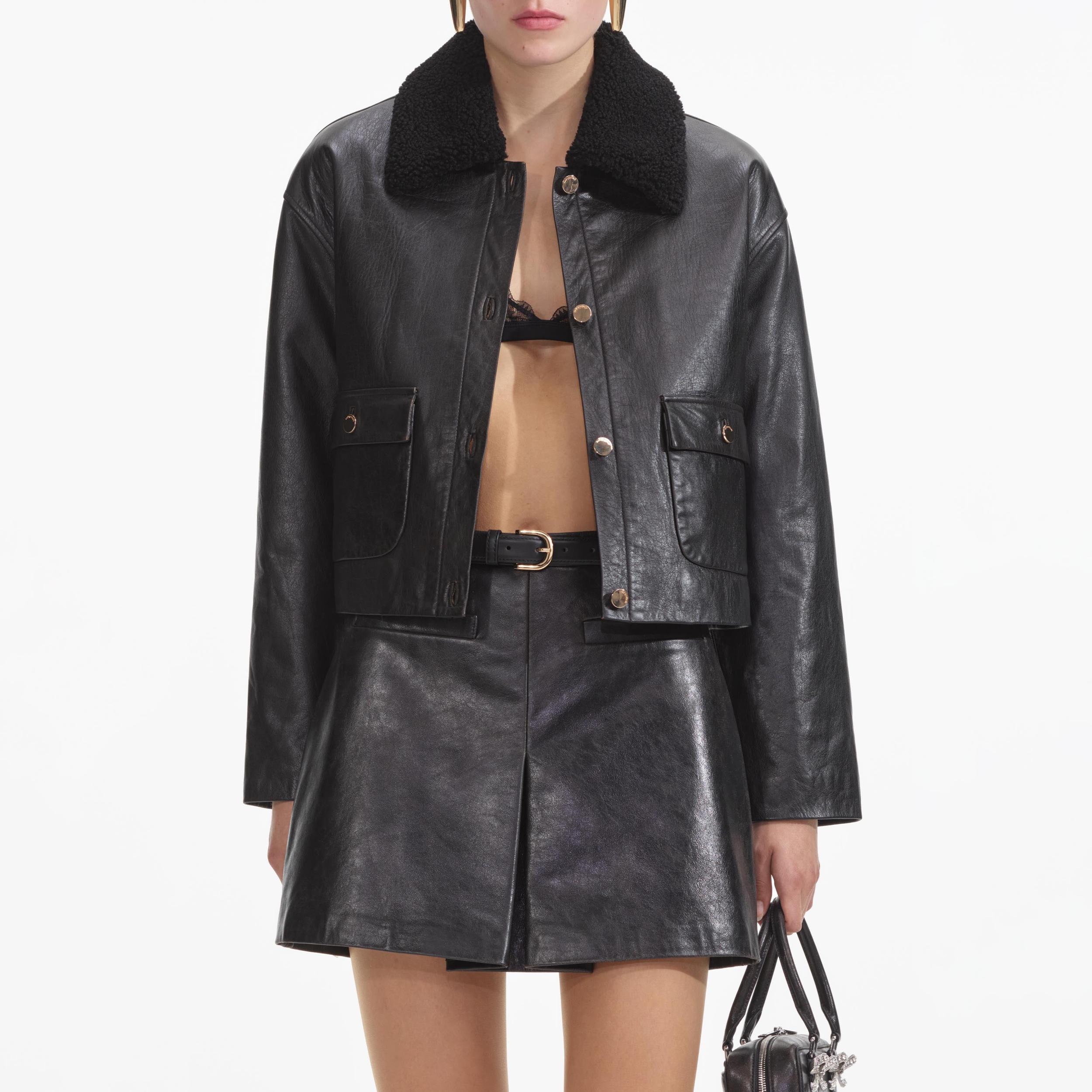 Black Leather Shearling Jacket Product Image