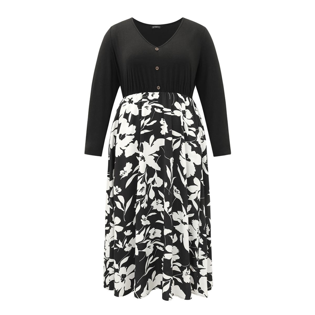 Plus Size Silhouette Floral Print Patchwork Button Detail Dress Black Women Elegant Printed V-neck Long Sleeve Curvy Midi Dress BloomChic 18-20/2X Product Image
