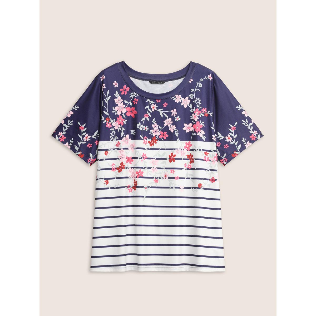 Plus Size Striped Contrast Boho Print Crew Neck T-shirt Indigo Women Casual Round Neck Everyday T-shirts BloomChic 18-20/2X Product Image