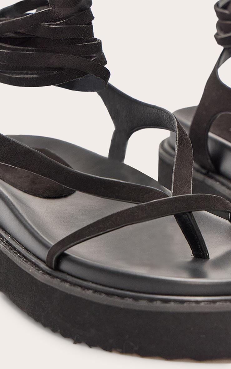 Black Wide Fit Faux Suede Round Toe Lace Up Footbed Sandals Product Image