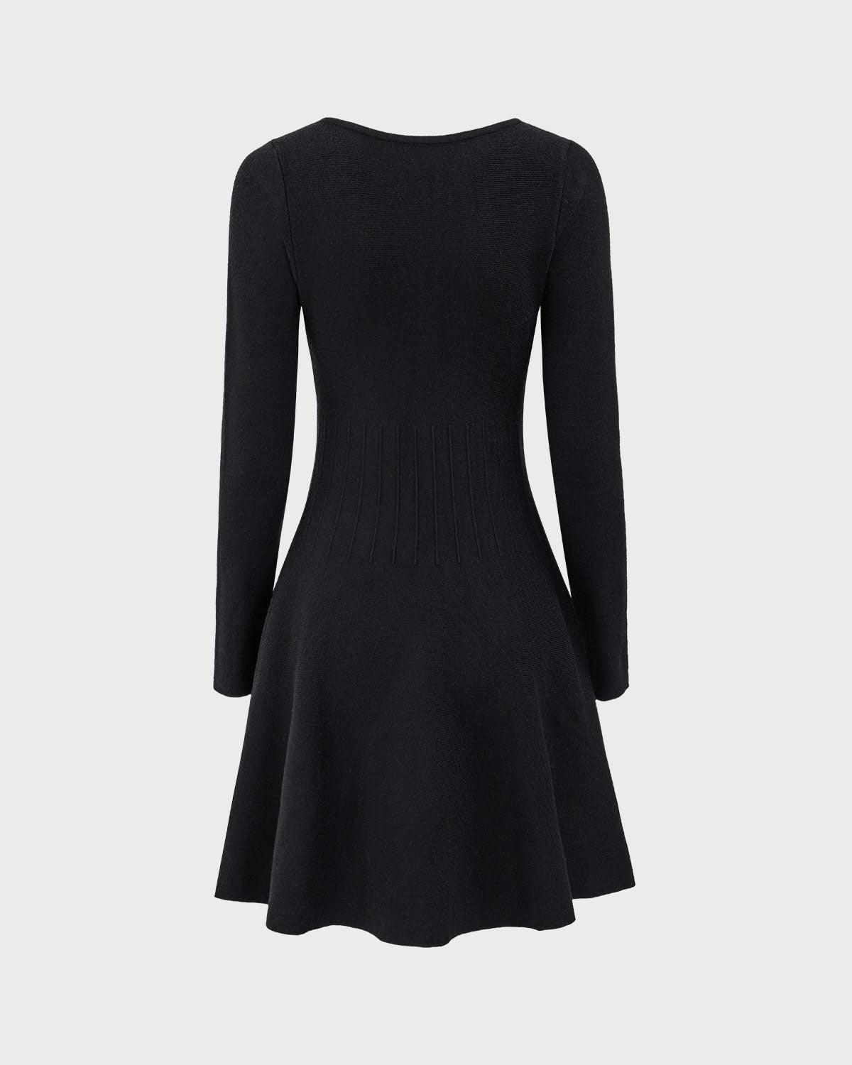 Black Square Neck Ribbed Sweater Dress Product Image
