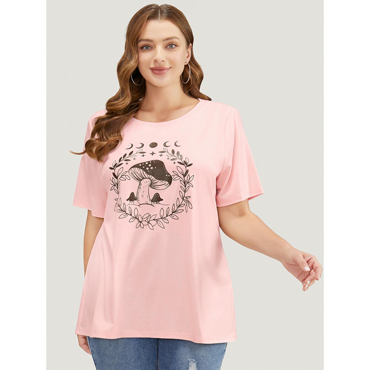 Plus Size Mushroom & Moon Print Short Sleeve Crew Neck T-shirt Apricot Women Casual Natural Flowers Dailywear T-shirts BloomChic 14-16/1X Product Image