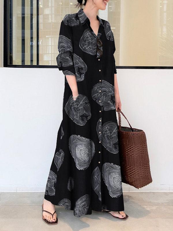 Long Sleeves Loose Printed Split-Joint Lapel Maxi Dresses Shirt Dress Product Image