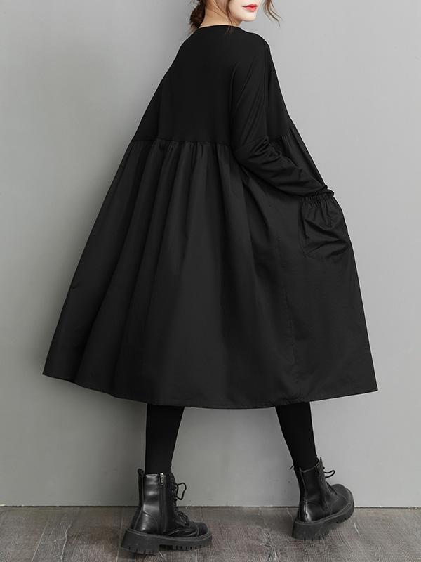Simple Loose Black Split-Joint Long Sleeves Midi Dress Product Image