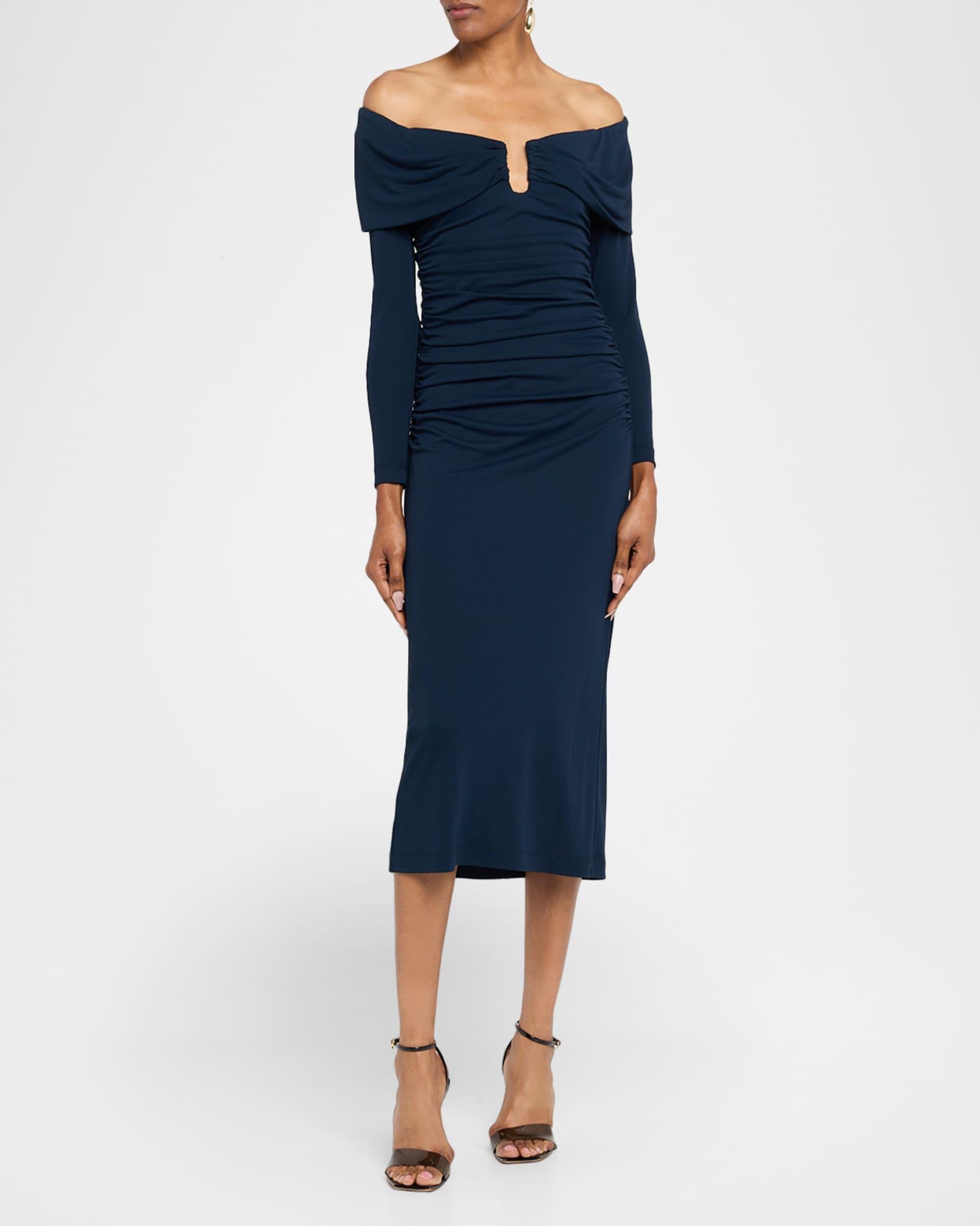 Off-The-Shoulder Ruched Midi Dress Product Image