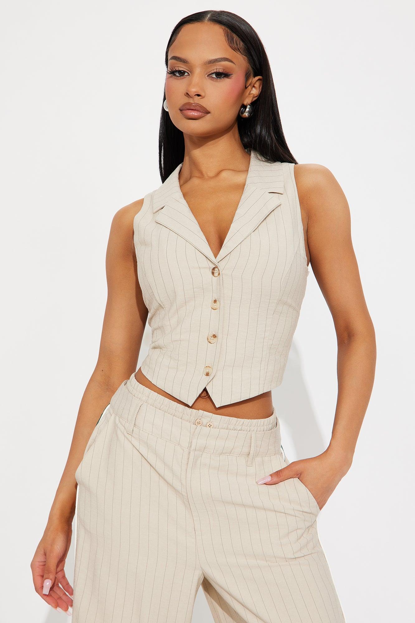 Checked In Vest And Pinstripe Pant Set - Beige Product Image