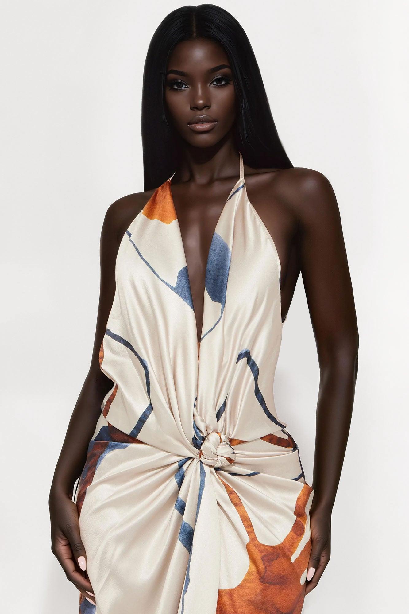 Farah Satin Knot Maxi Dress - Taupe/combo Product Image