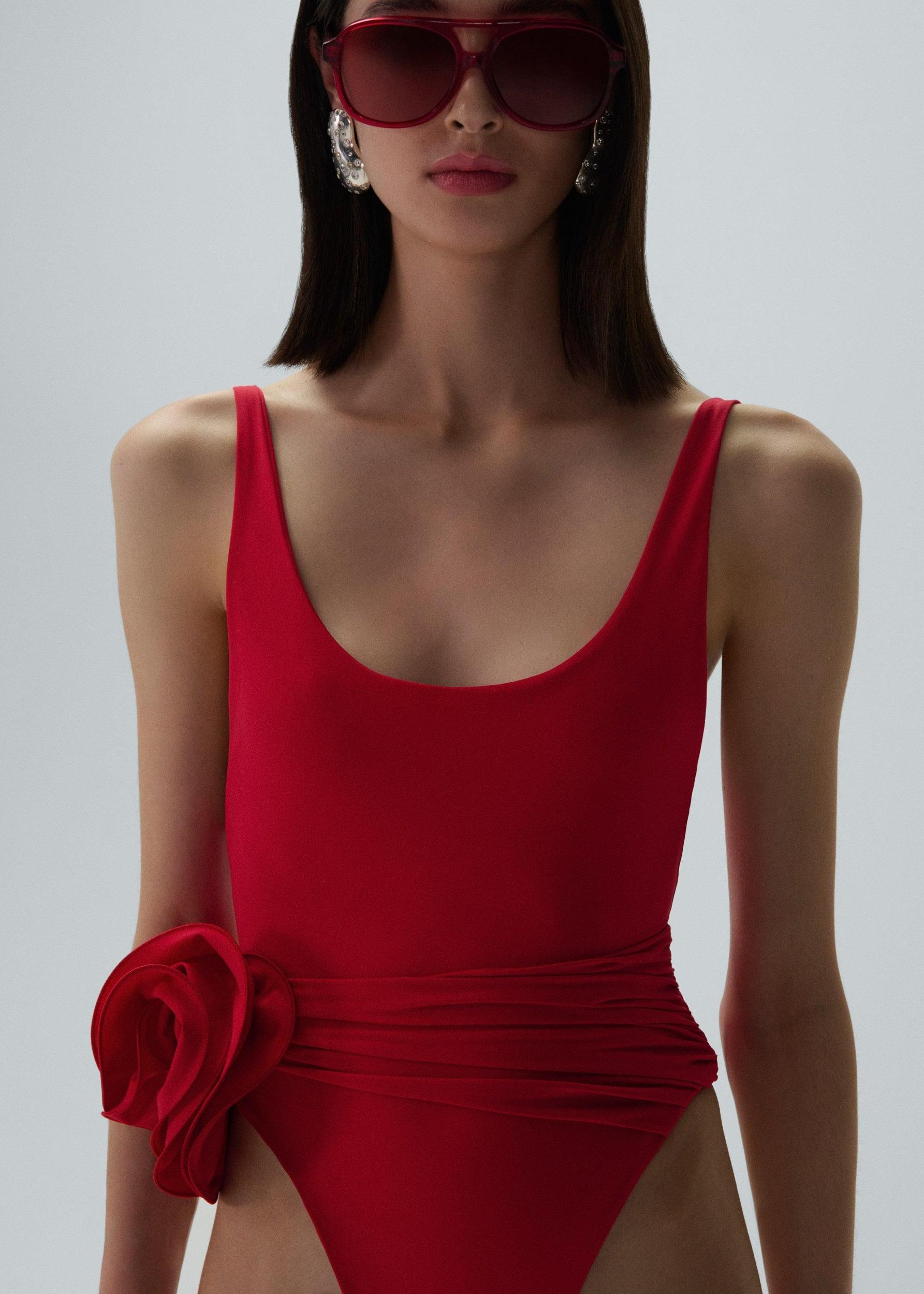 Flower scoop neck swimsuit in red Product Image
