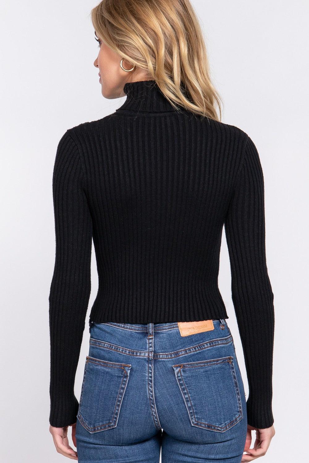Long Sleeve Turtle Neck Fitted Crop Rib Sweater Product Image