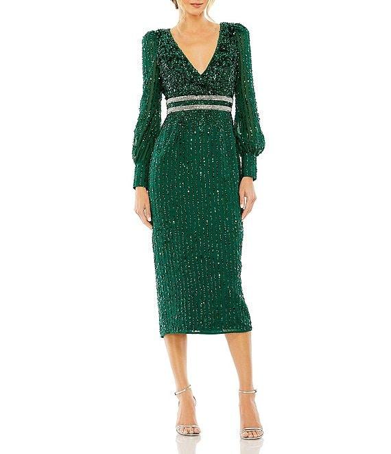 Mac Duggal Sequin V-Neck Long Bishop Sleeve Midi Dress Product Image