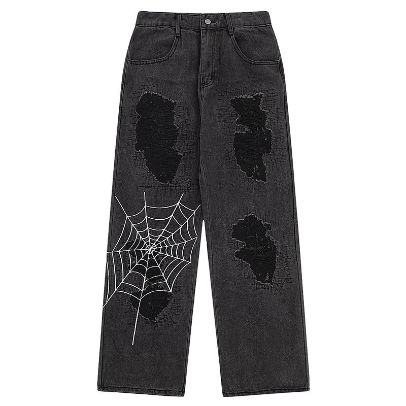 Sopula Vintage Street Spider Web Embroidery Ripped Patch Jeans Product Image