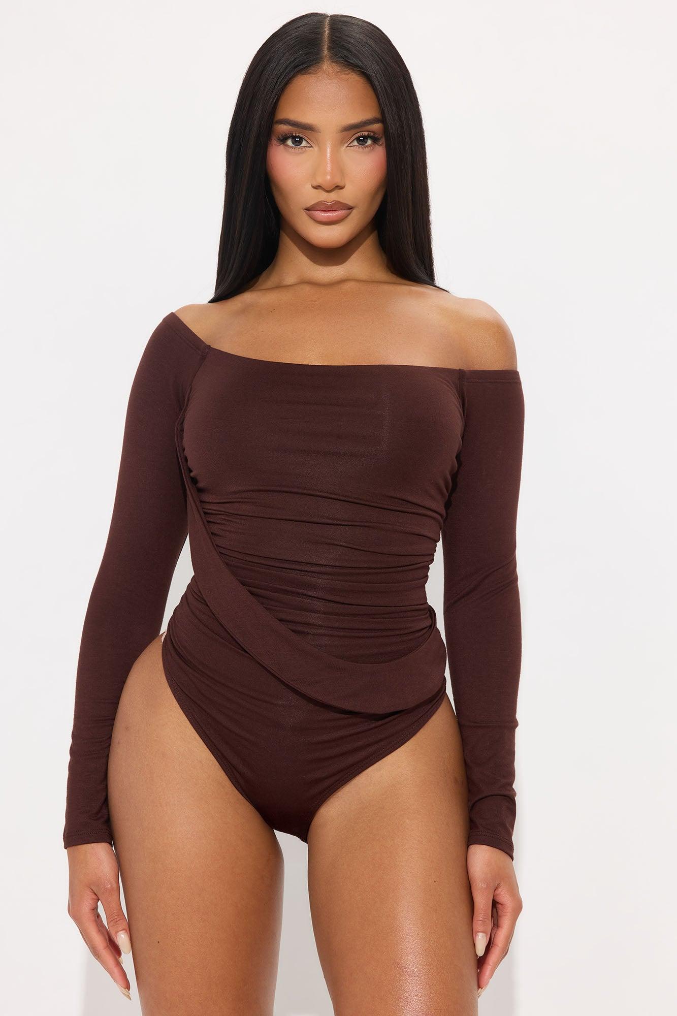 Gilda Off Shoulder Long Sleeve Bodysuit - Brown Female Product Image