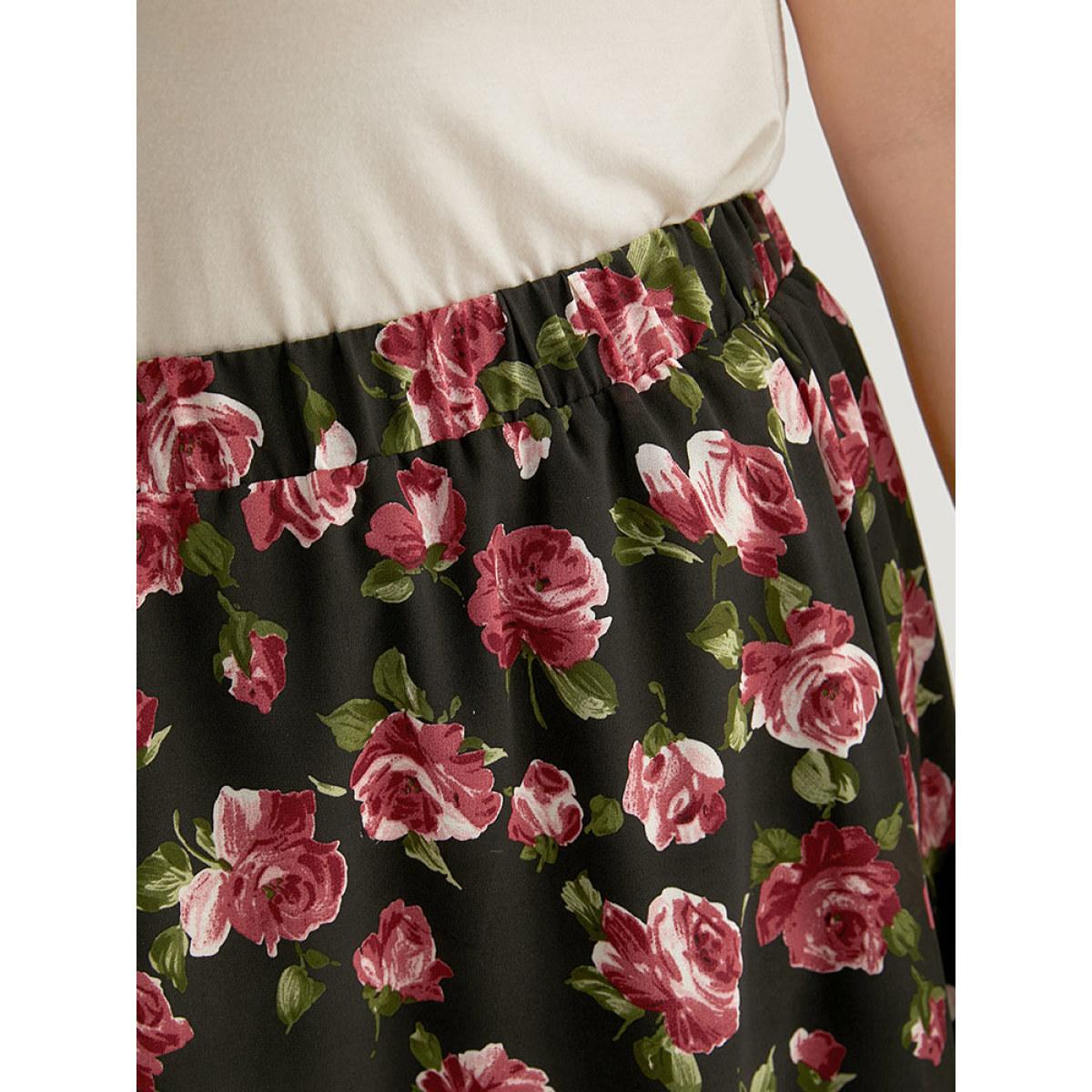 Plus Size Floral Print Mesh Elastic Waist Skirt Women Black Elegant Lined No stretch Dailywear Skirts BloomChic 18-20/2X Product Image