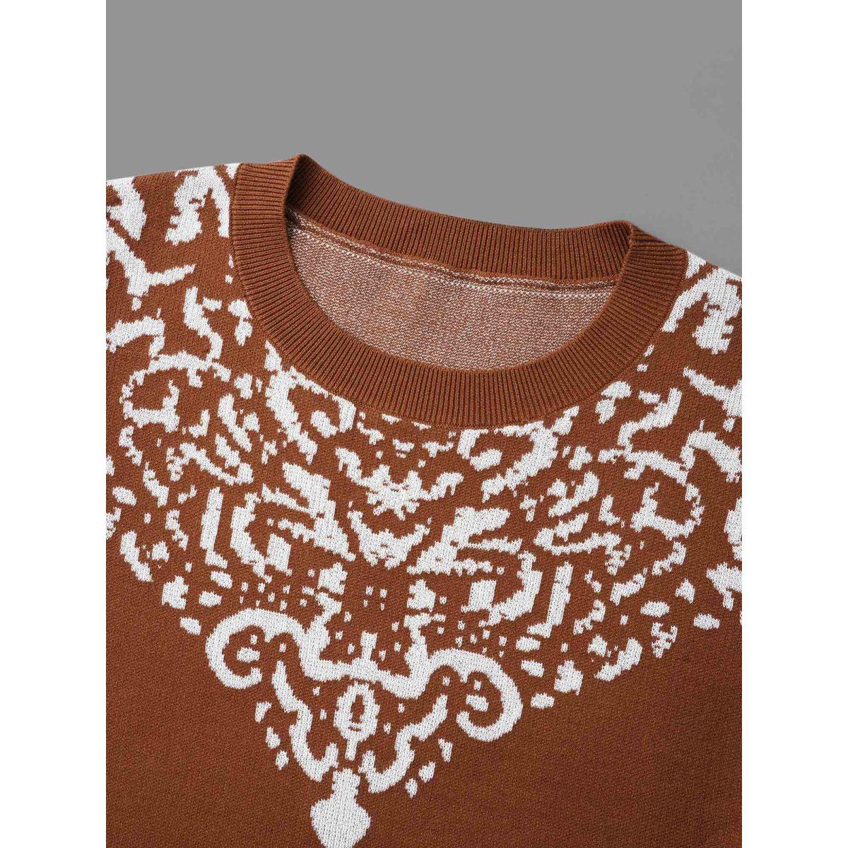 Plus Size Bandana Jacquard Pattern Round Neck Pullover Browncoffeecolor Women Casual Loose Long Sleeve Round Neck Everyday Pullovers BloomChic 28/5X Product Image