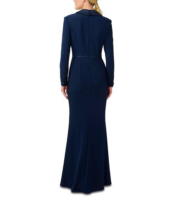 Adrianna Papell Long Sleeve Notch Lapel Surplice V-Neck Front Slit Crepe Tuxedo Wrap Gown Product Image