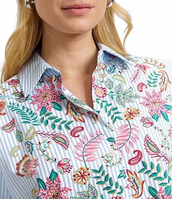 Foxcroft Meghan Cotton Floral Stripe Point Collar Long Sleeve Button Front Shirt Product Image