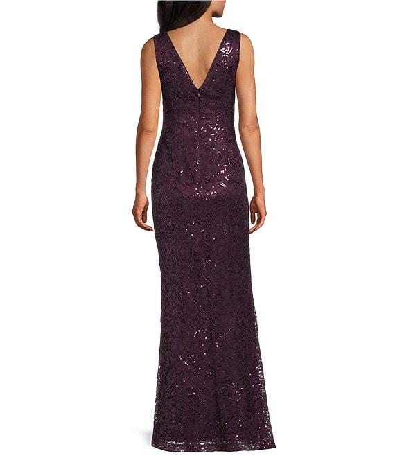 Eliza J Sequin Lace Boat Neck Sleeveless Ruffle Front Slit Gown Product Image
