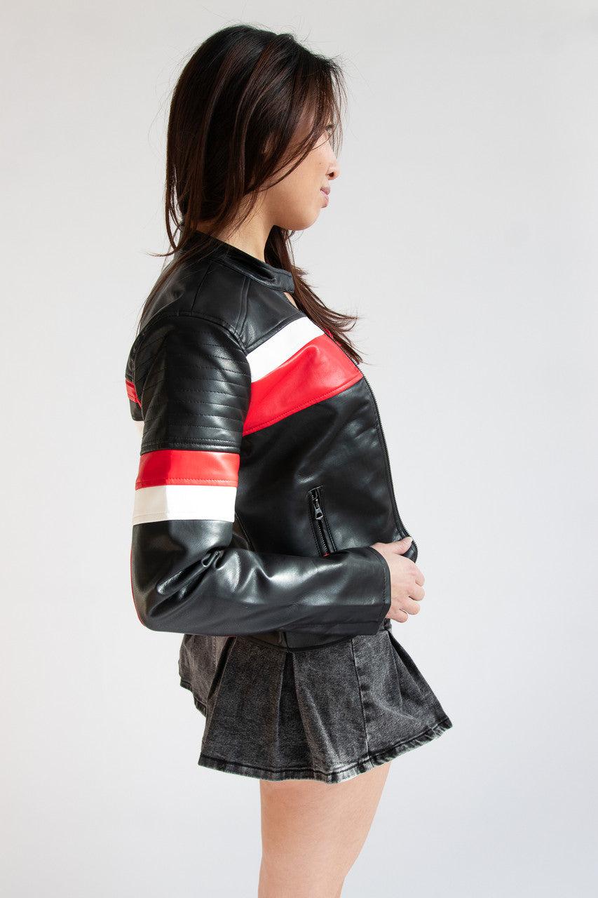 Racing Stripe Pleather Moto Jacket Product Image