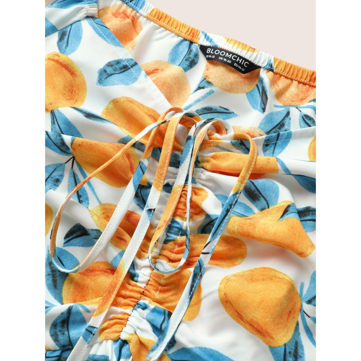 Plus Size Fruits Print Drawstring Ruched Lantern Sleeve Dress Ivory Women Elegant Gathered Tie Neck Short sleeve Curvy Midi Dress BloomChic 10/M Product Image