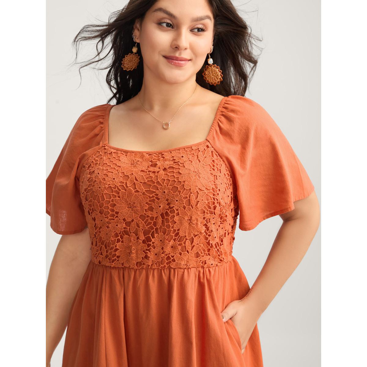 Plus Size Cotton Lace Stretchy Waist Pockets Midi Dress OrangeRed Women Square Neck Short sleeve Curvy BloomChic 28/5X Product Image