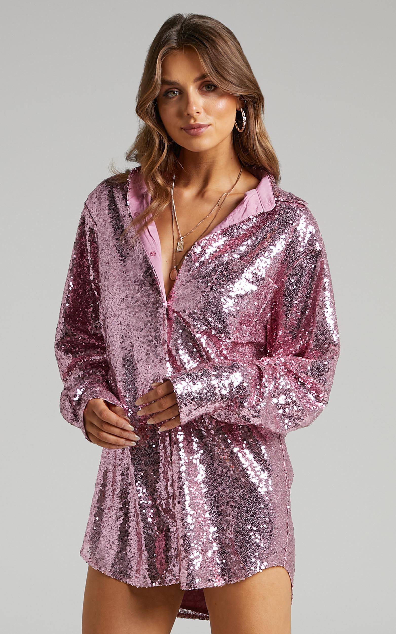 Cally Mini Dress - Oversized Shirt Dress in Lilac Sequin Product Image