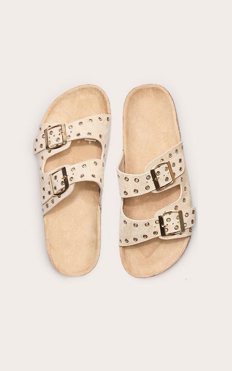 Beige Faux Suede Double Buckle Eyelet Footbed Sandals Product Image