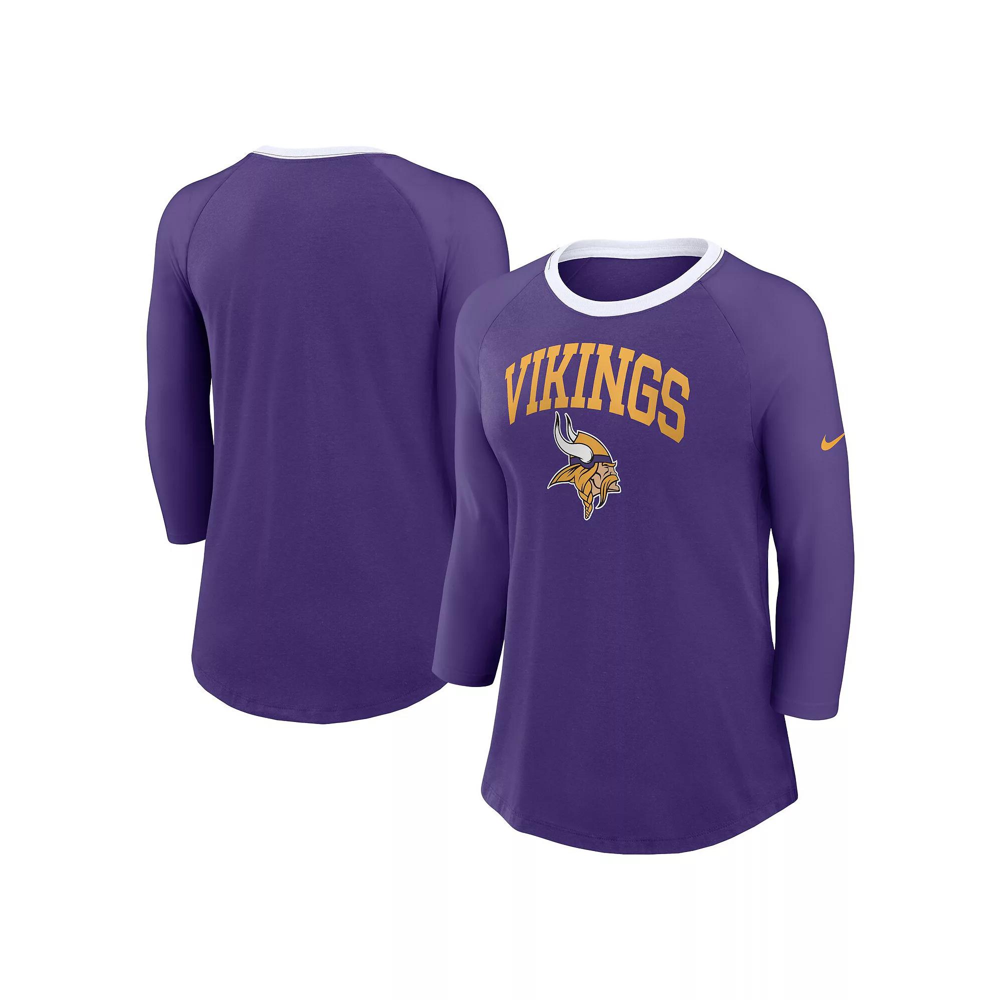 Women's Nike Purple Minnesota Vikings Raglan 3/4 Sleeve T-Shirt,  Product Image