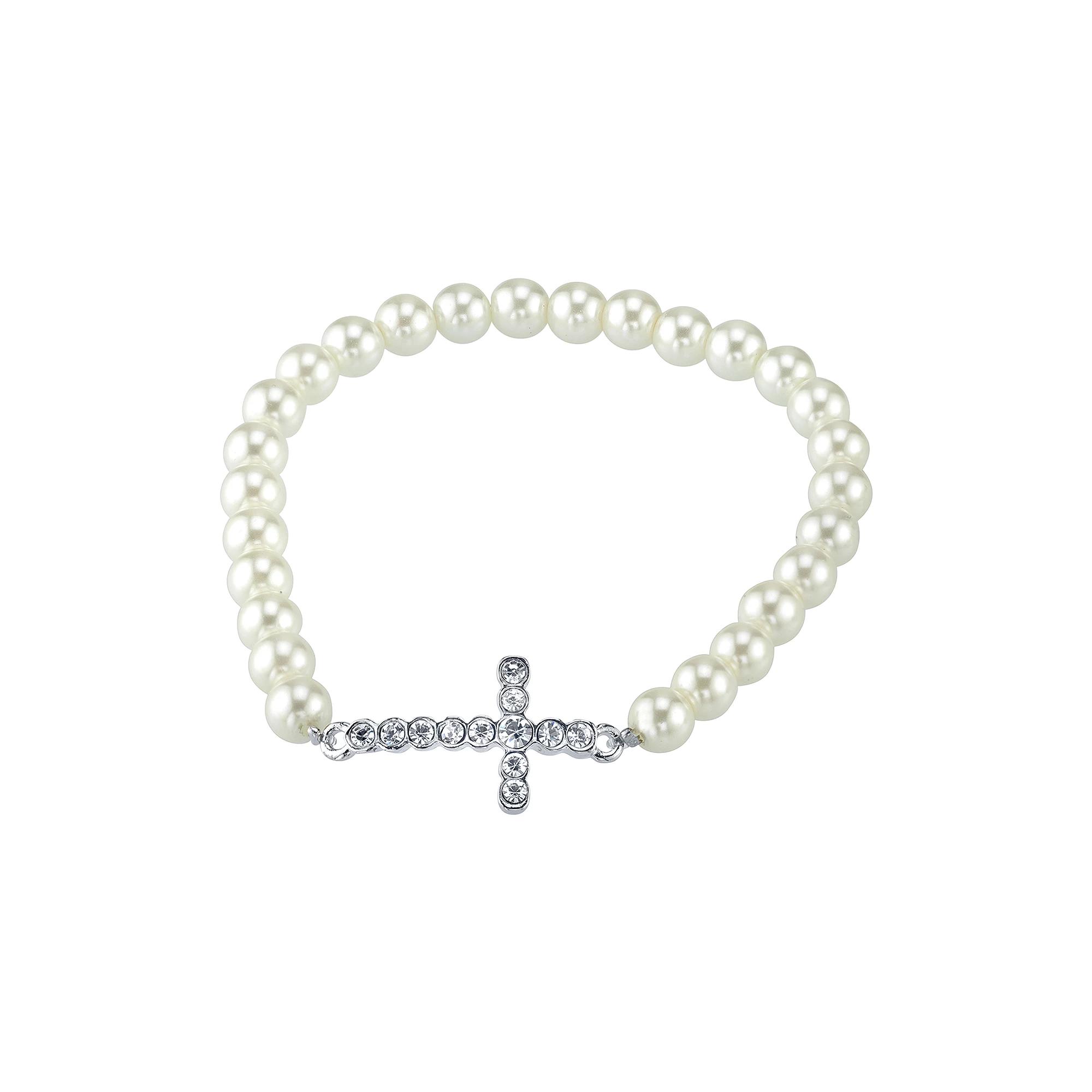 1928 Crystal & Simulated Pearl Stretch Bracelet, Womens, Silver Tone Product Image