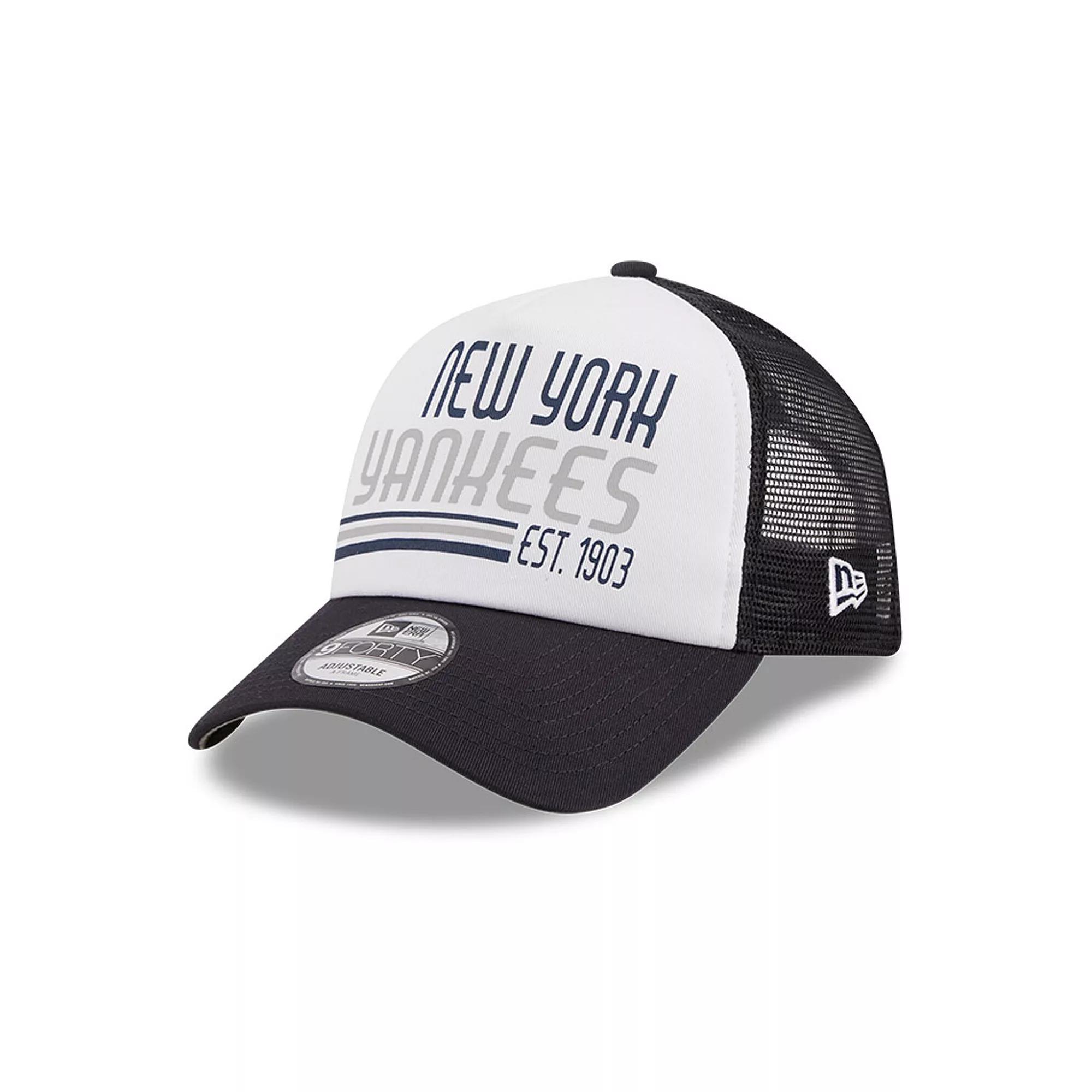 Men's New Era White/Navy New York Yankees Stacked A-Frame Trucker 9FORTY Adjustable Hat Product Image