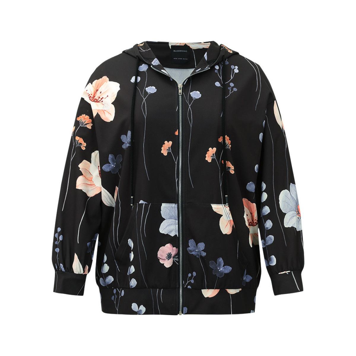 Plus Size Floral Print Zipper Hooded Pocket Windbreaker Women Black Printed Pocket Dailywear Jackets BloomChic 26/4X Product Image