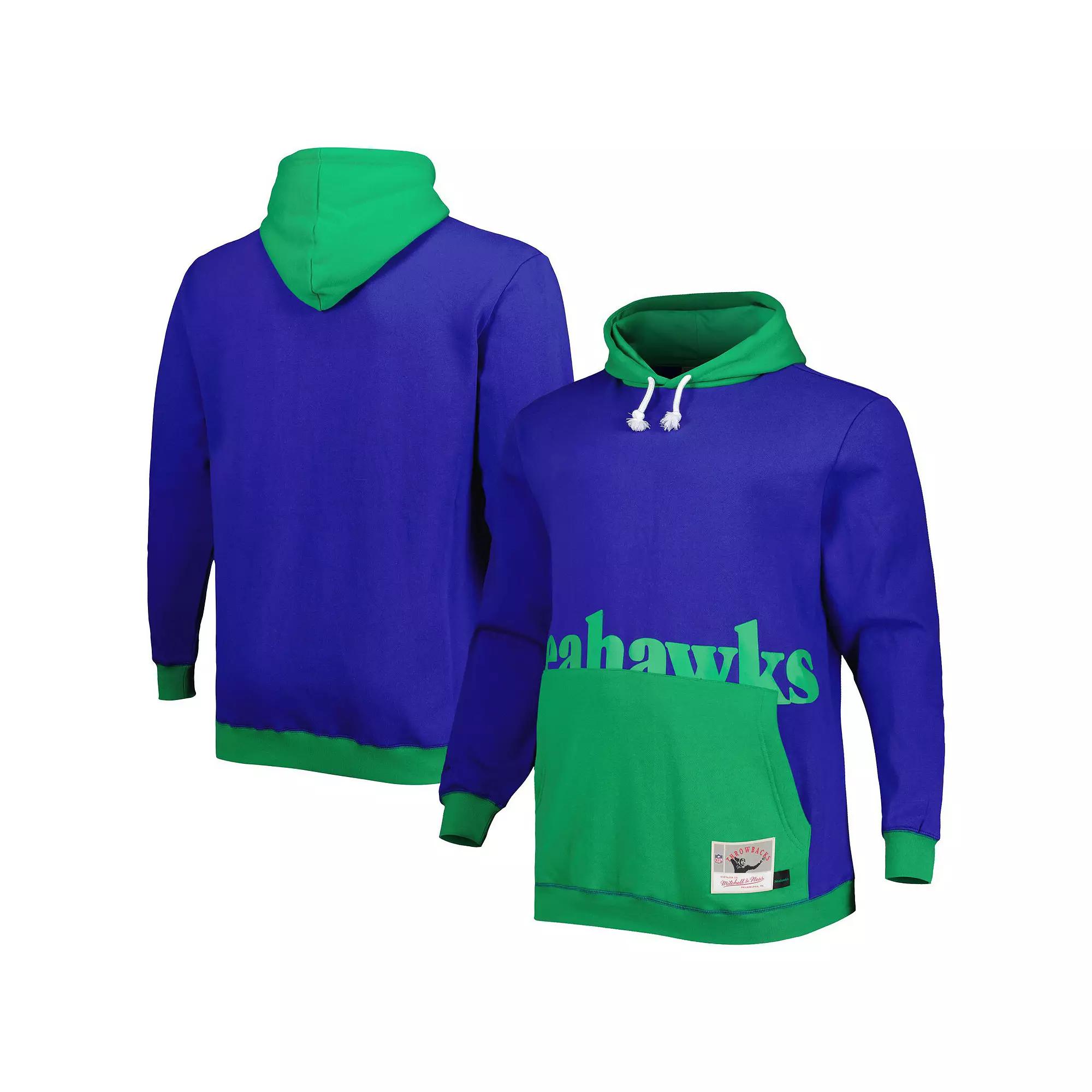 Men's Mitchell & Ness Royal/Green Seattle Seahawks Big & Tall Big Face Pullover Hoodie, Size: 4XLT, Blue Product Image
