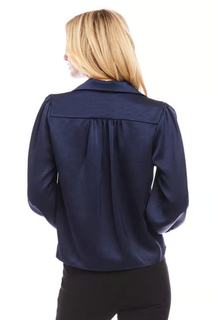 Shirred Satin Blouse - Navy Product Image