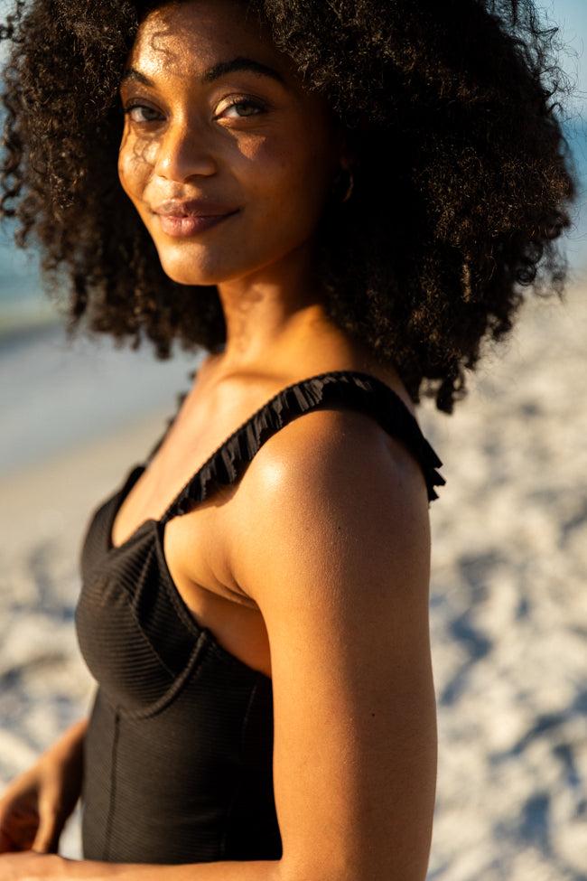 Ride The Waves Black Ruffle Shoulder One Piece Swimsuit FINAL SALE Product Image